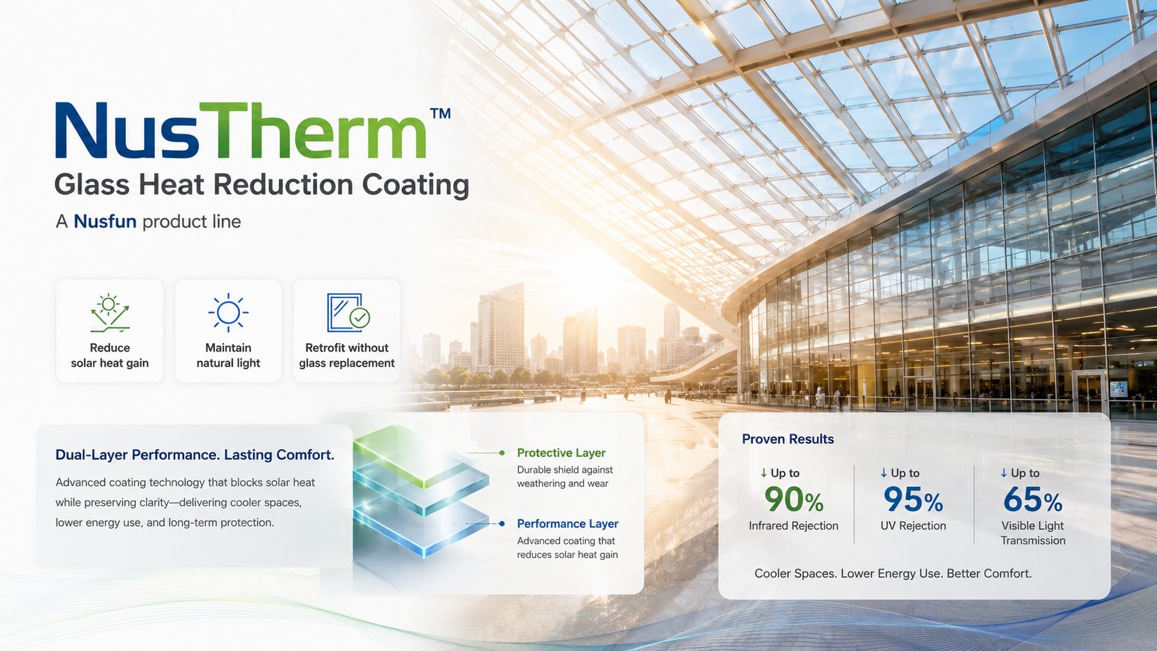 NusTherm glass heat reduction coating applied to modern glazed building