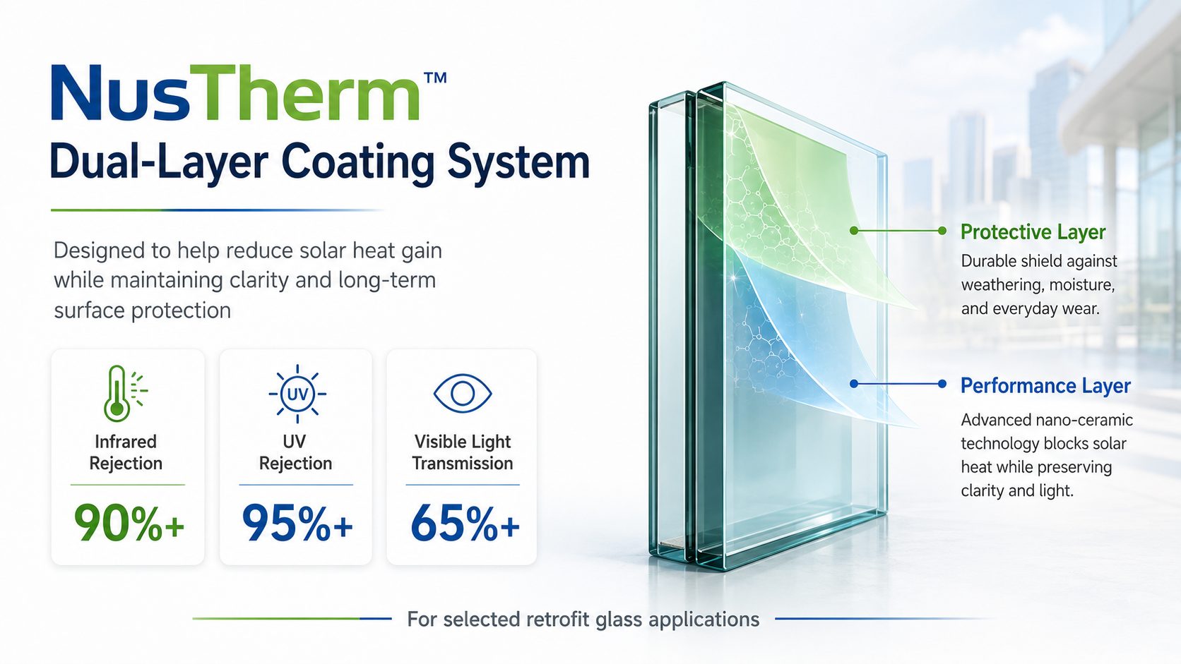NusTherm dual-layer coating system showing the protective layer and performance layer on glass