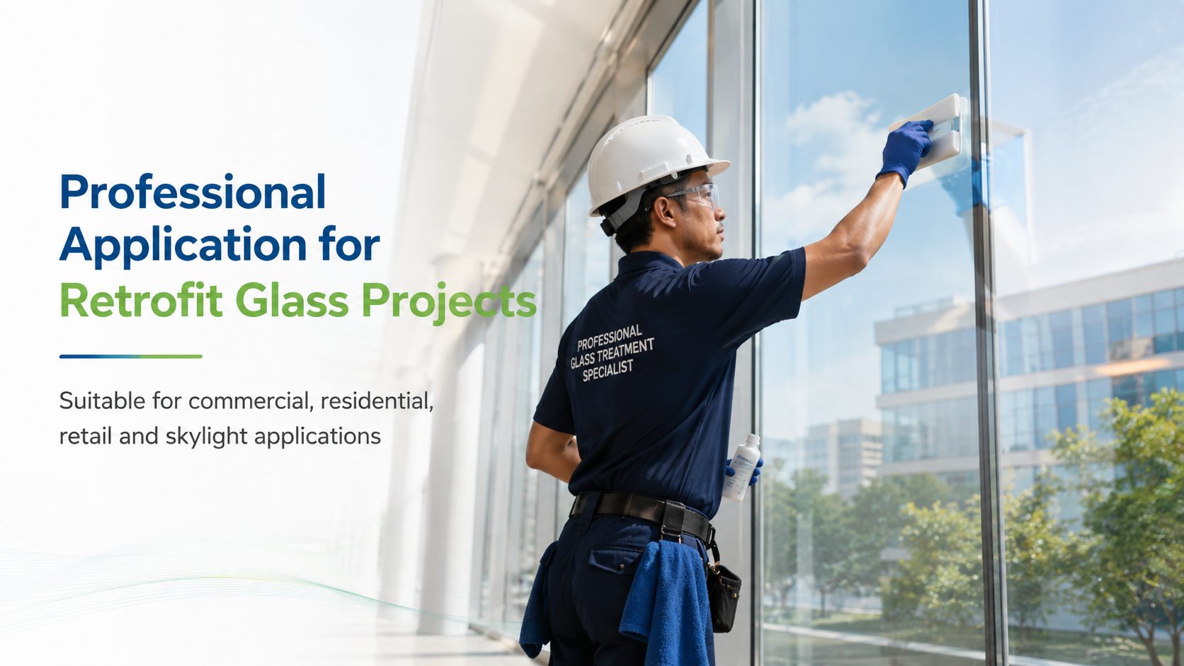 Professional glass treatment specialist applying NusTherm coating on site